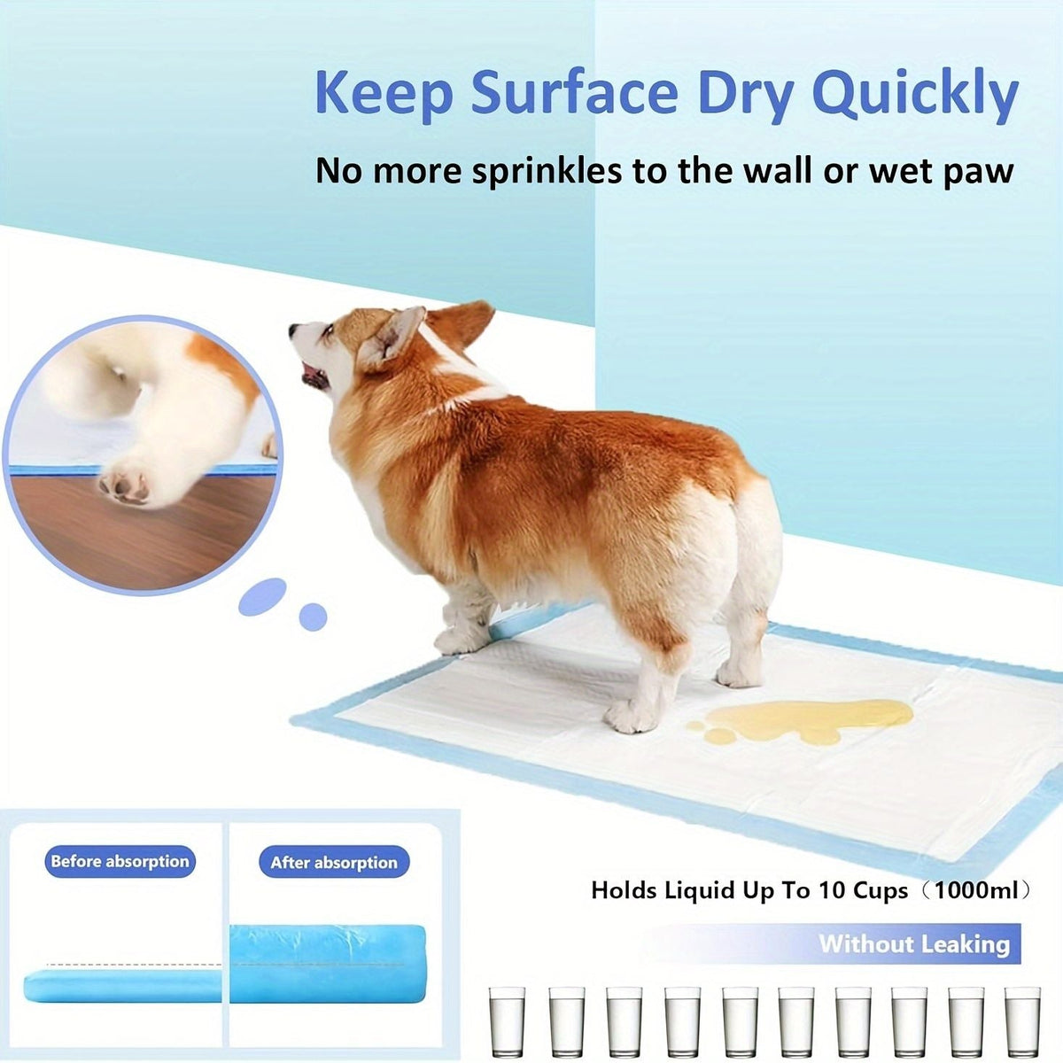 White disposable pee pad under a dog, absorbent surface with a small spill stain