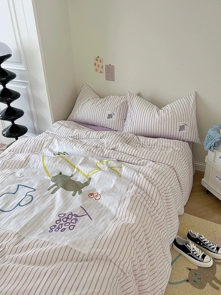 Purple applique duvet cover set with striped fabric and colorful animal prints