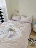Purple applique duvet cover set with striped fabric and colorful animal prints