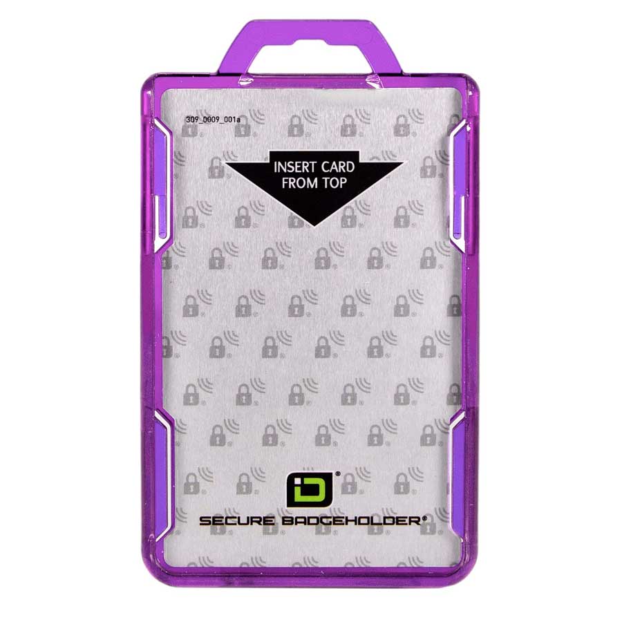Portrait secure badge holder with purple frame, top-insert card slot for 1 ID card