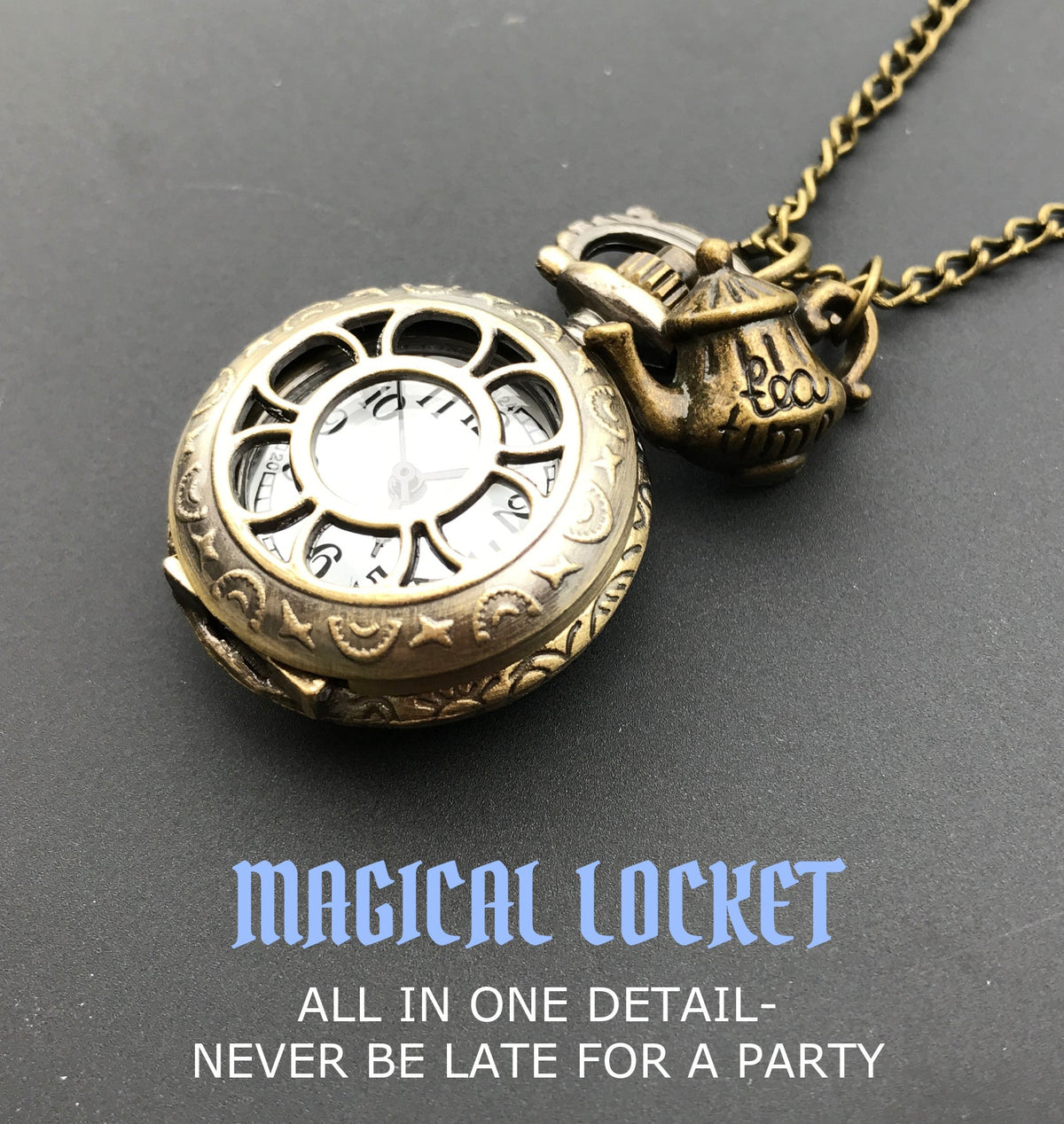 Antique gold pocket watch pendant with skeleton key charm and quartz clock face