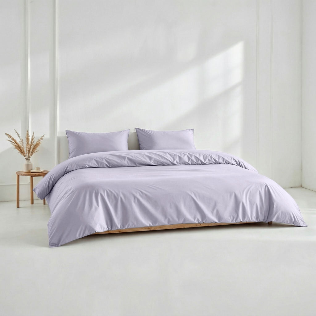 Lilac-toned solid duvet cover with matching pillow shams