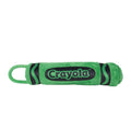 Green Crayola throw blanket with black stripes and logo, folded with carrying handle