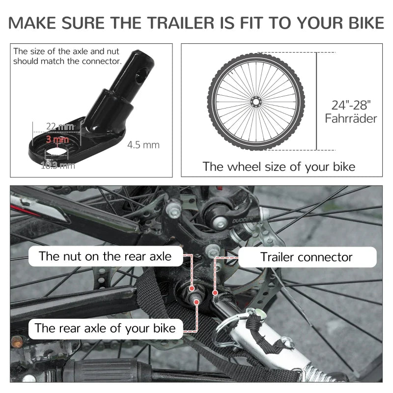 Black bike trailer axle and connector hardware with wheel size reference