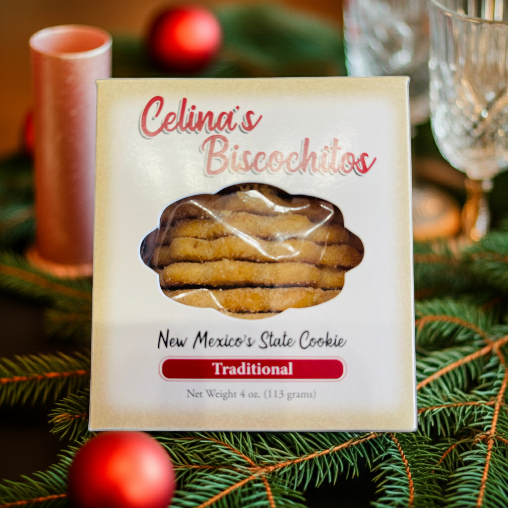 Celina's Biscochitos traditional New Mexico state cookie box with cookie window
