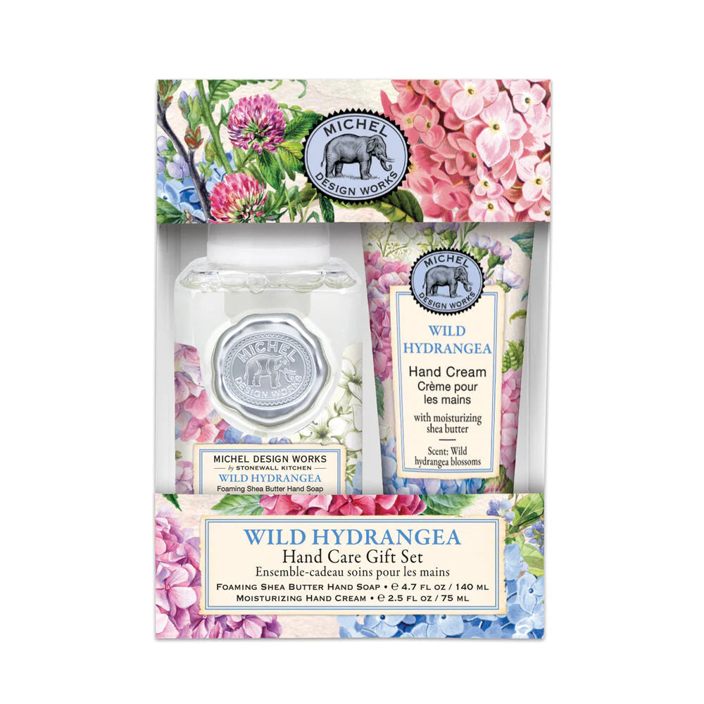 Wild hydrangea hand care gift set box with hand cream and foaming hand soap
