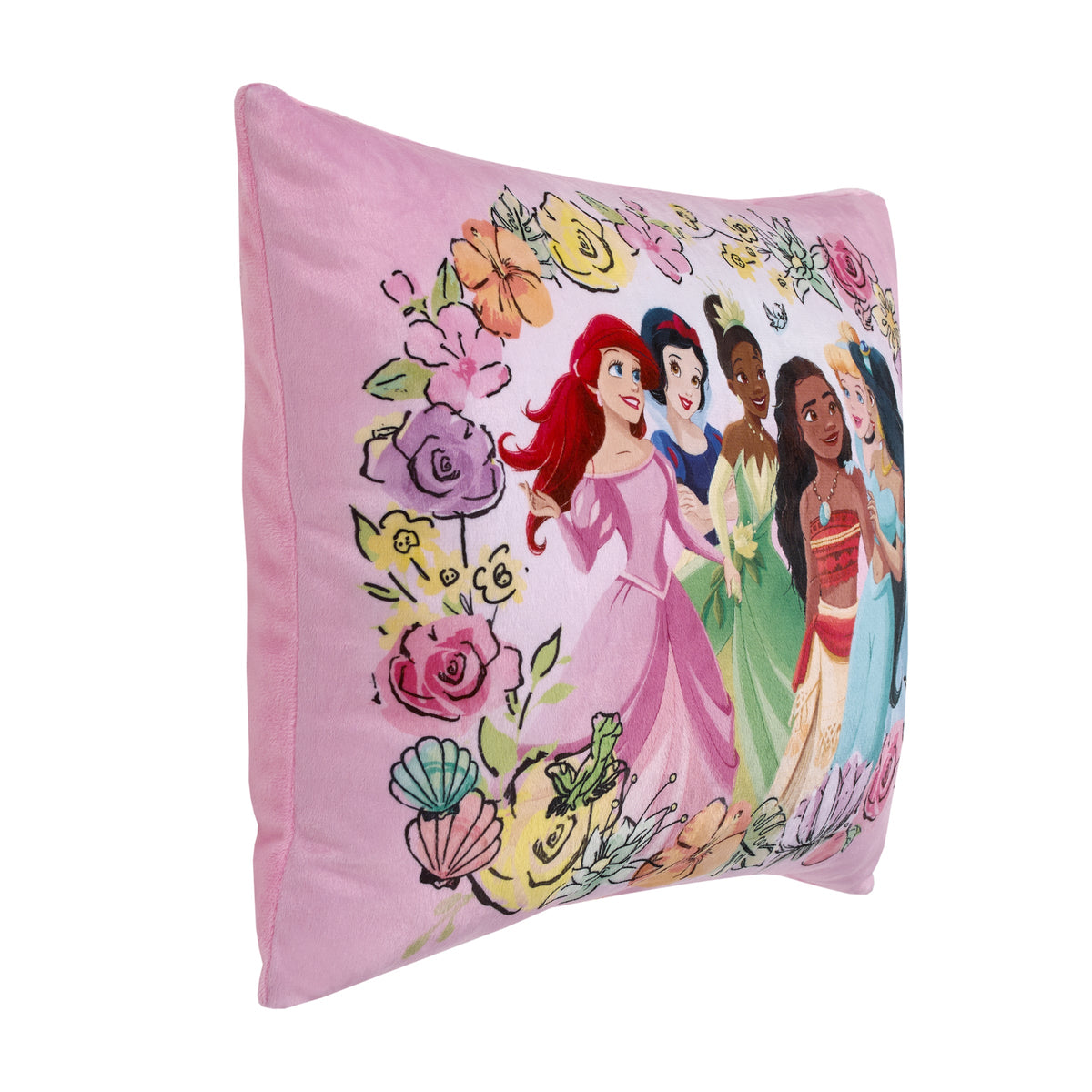Pink toddler pillow with princess lineup and flowers, square graphic front