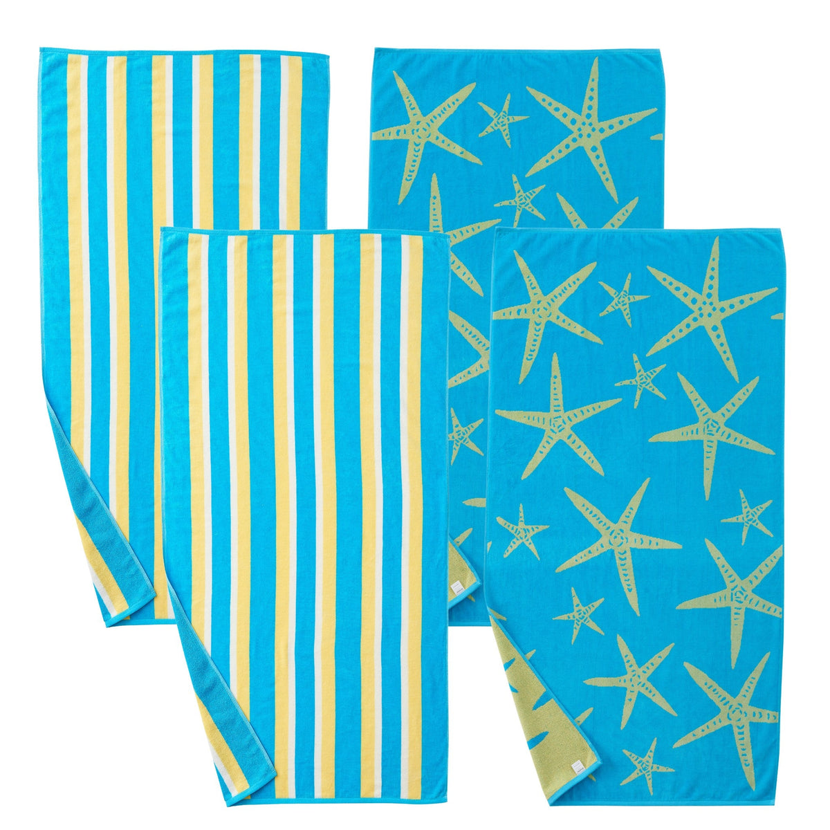 Set of blue cotton beach towels with yellow starfish print and vertical stripes