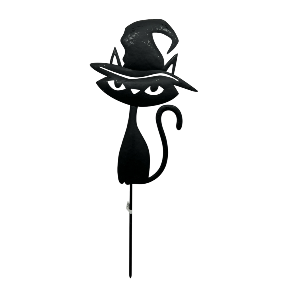 Black metal yard stake with cat wearing witch hat silhouette