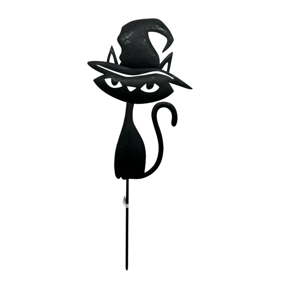 Black metal yard stake with cat wearing witch hat silhouette