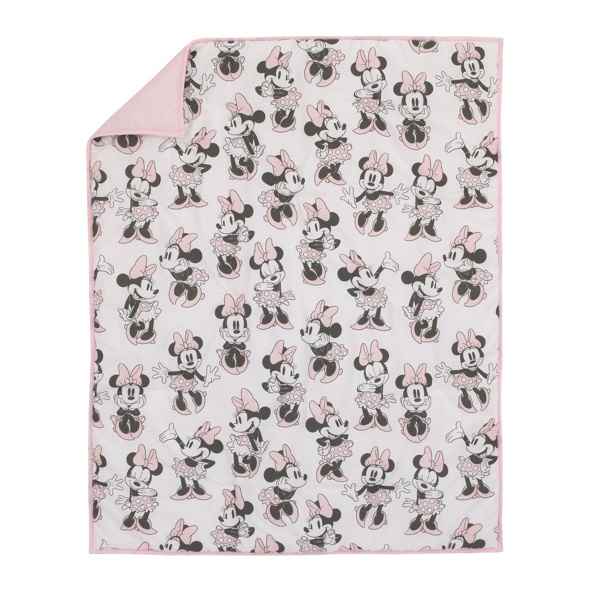 Minnie Mouse crib comforter blanket with grey and pink cartoon character print