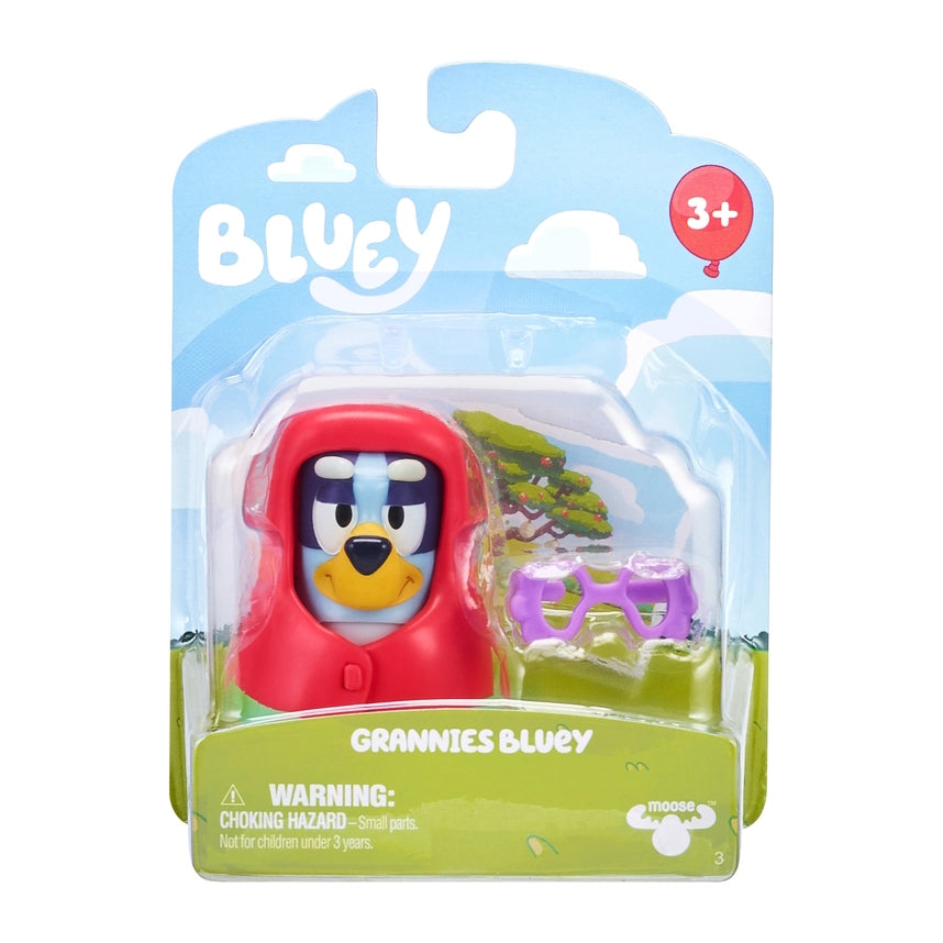 Grannies Bluey action figure in red outfit with blister-pack accessories, age 3+