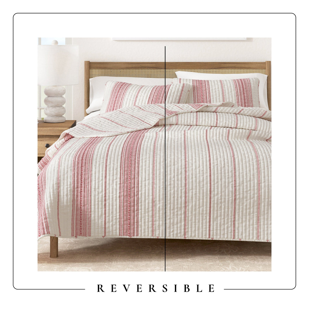 Cream and red striped quilt on a bed with layered channel quilting