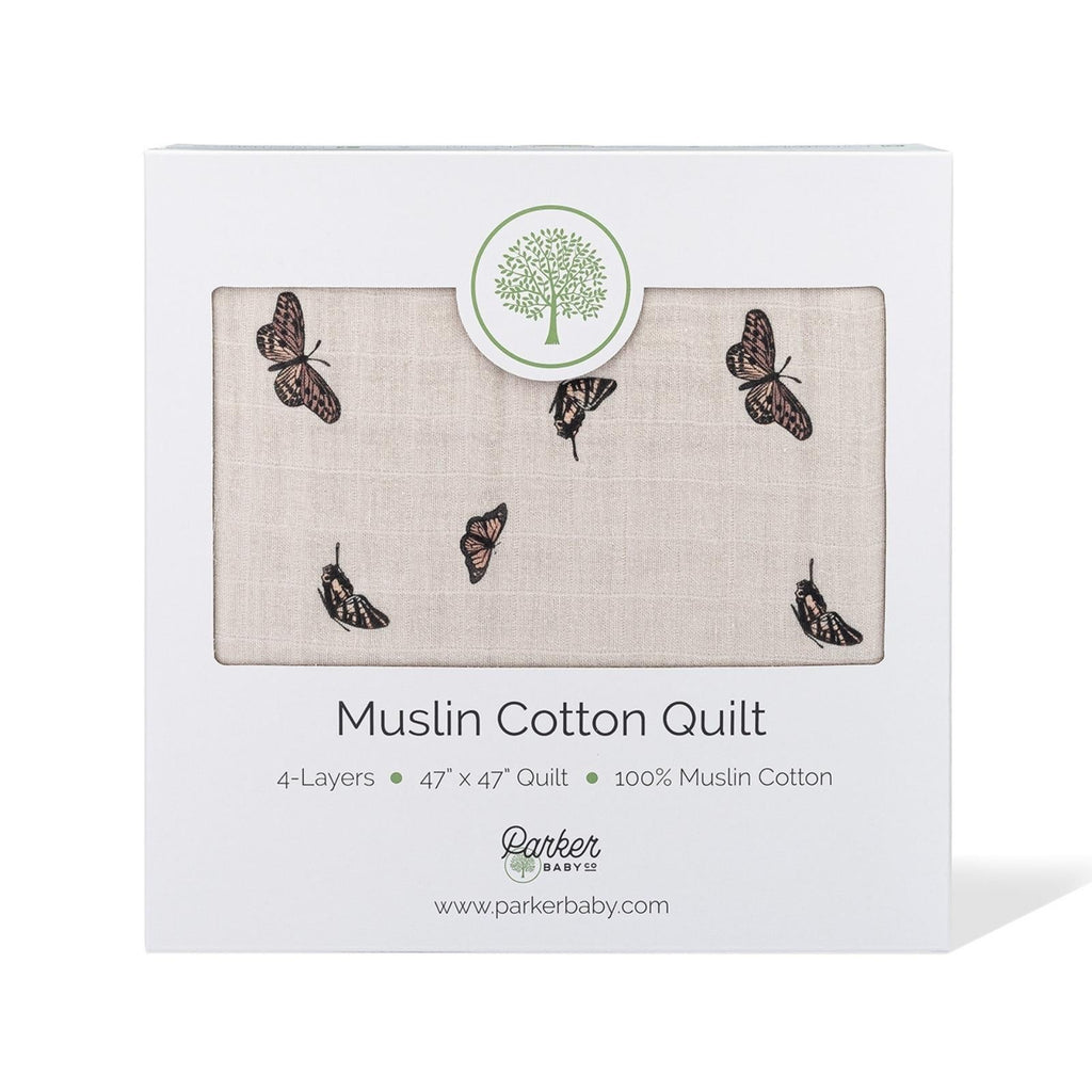 Gift box with butterfly quilt inside, beige fabric with dark butterfly print