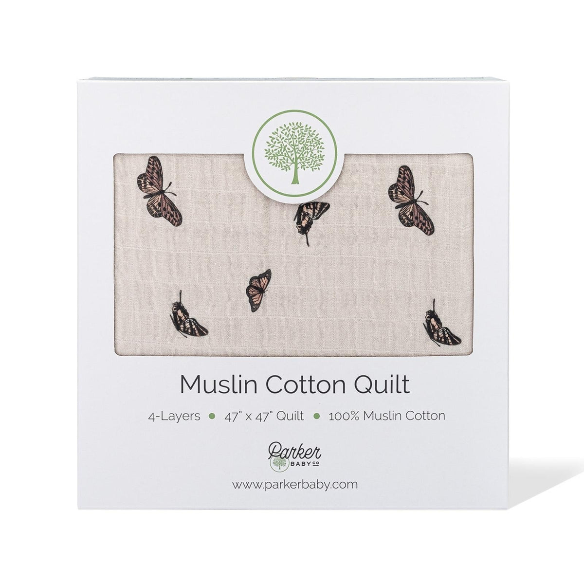 Gift box with butterfly quilt inside, beige fabric with dark butterfly print