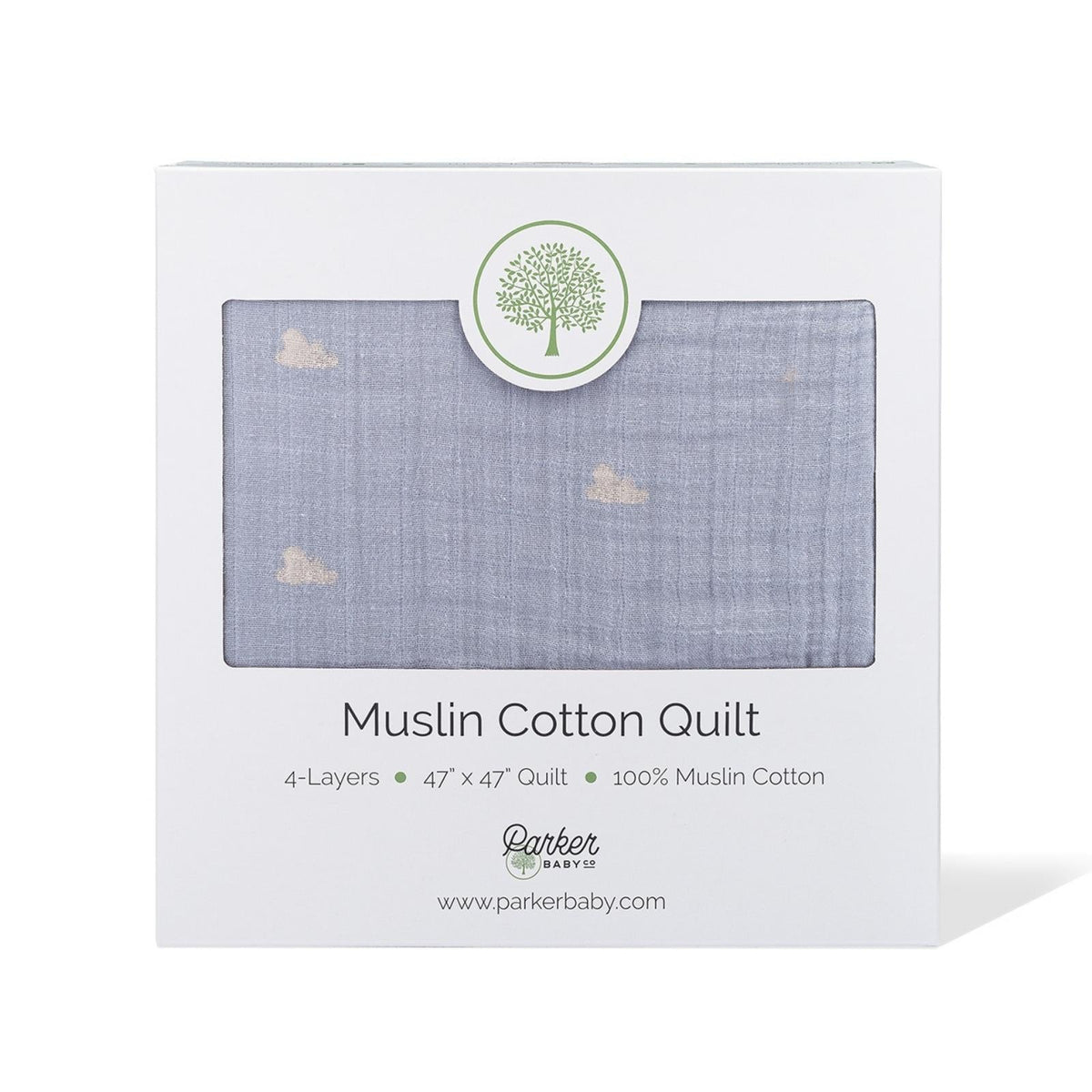 Boxed muslin cotton quilt, light blue with small cloud motifs