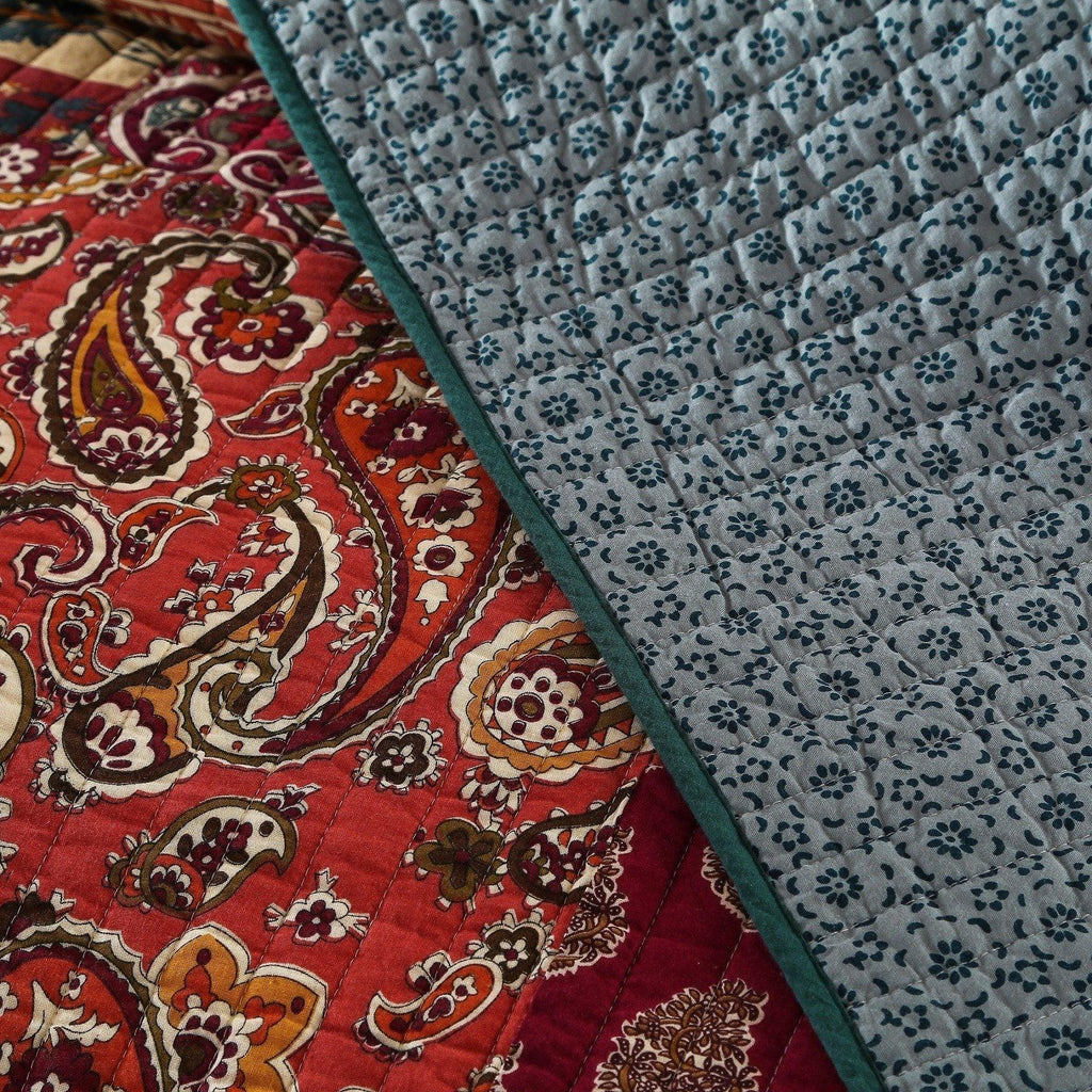 Cotton patchwork bedspread panel with red paisley and blue floral border