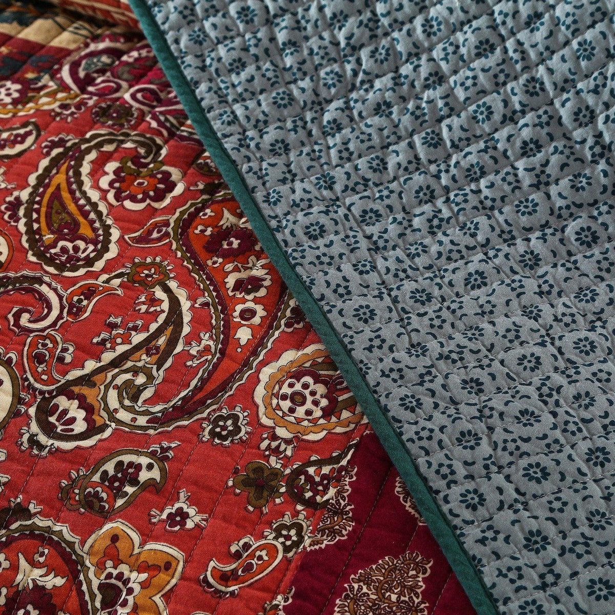 Cotton patchwork bedspread panel with red paisley and blue floral border
