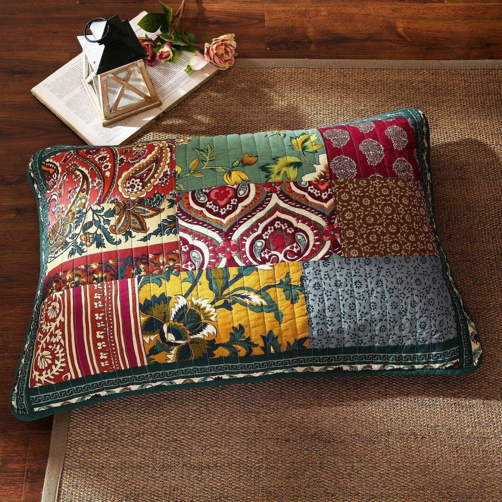 Cotton patchwork bedspread set featuring multicolor floral panels and quilted texture