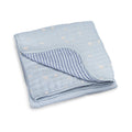 Light blue muslin quilt with small gold bird pattern and stitched border