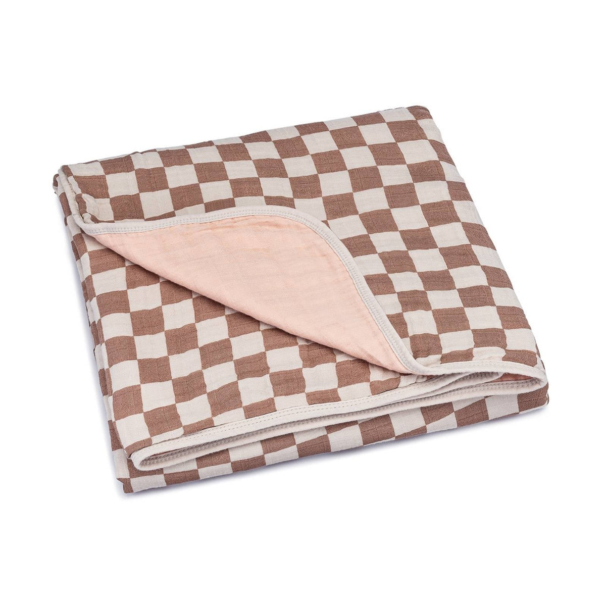 Rosewood checker-pattern quilt with light pink border and stitched edge