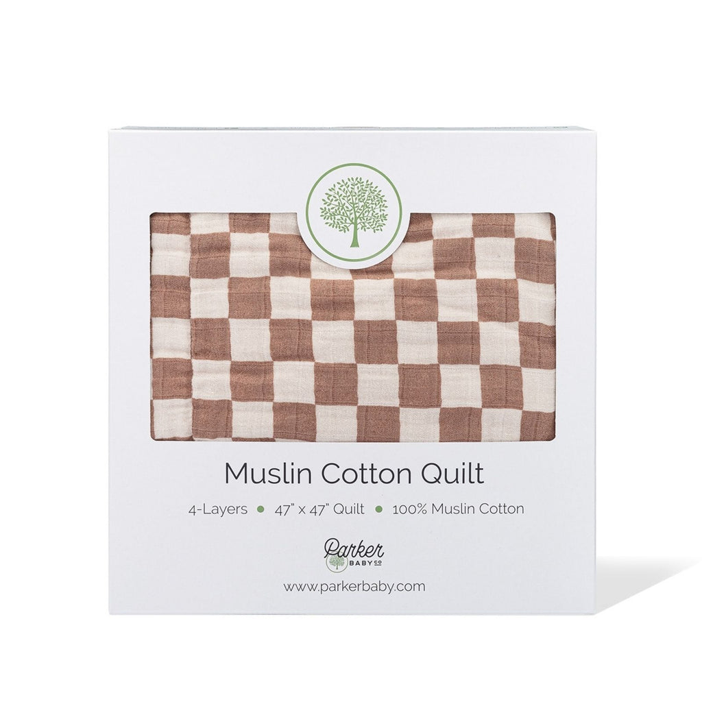 Checker quilt gift box with brown-and-cream fabric swatch, 4-layer muslin
