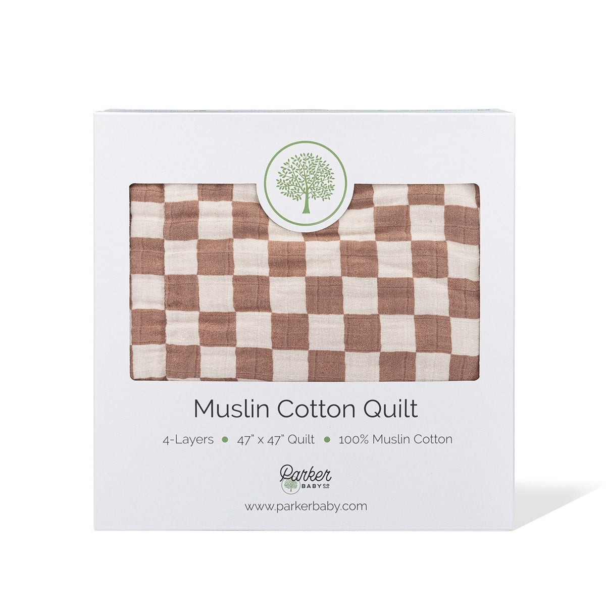 Checker quilt gift box with brown-and-cream fabric swatch, 4-layer muslin