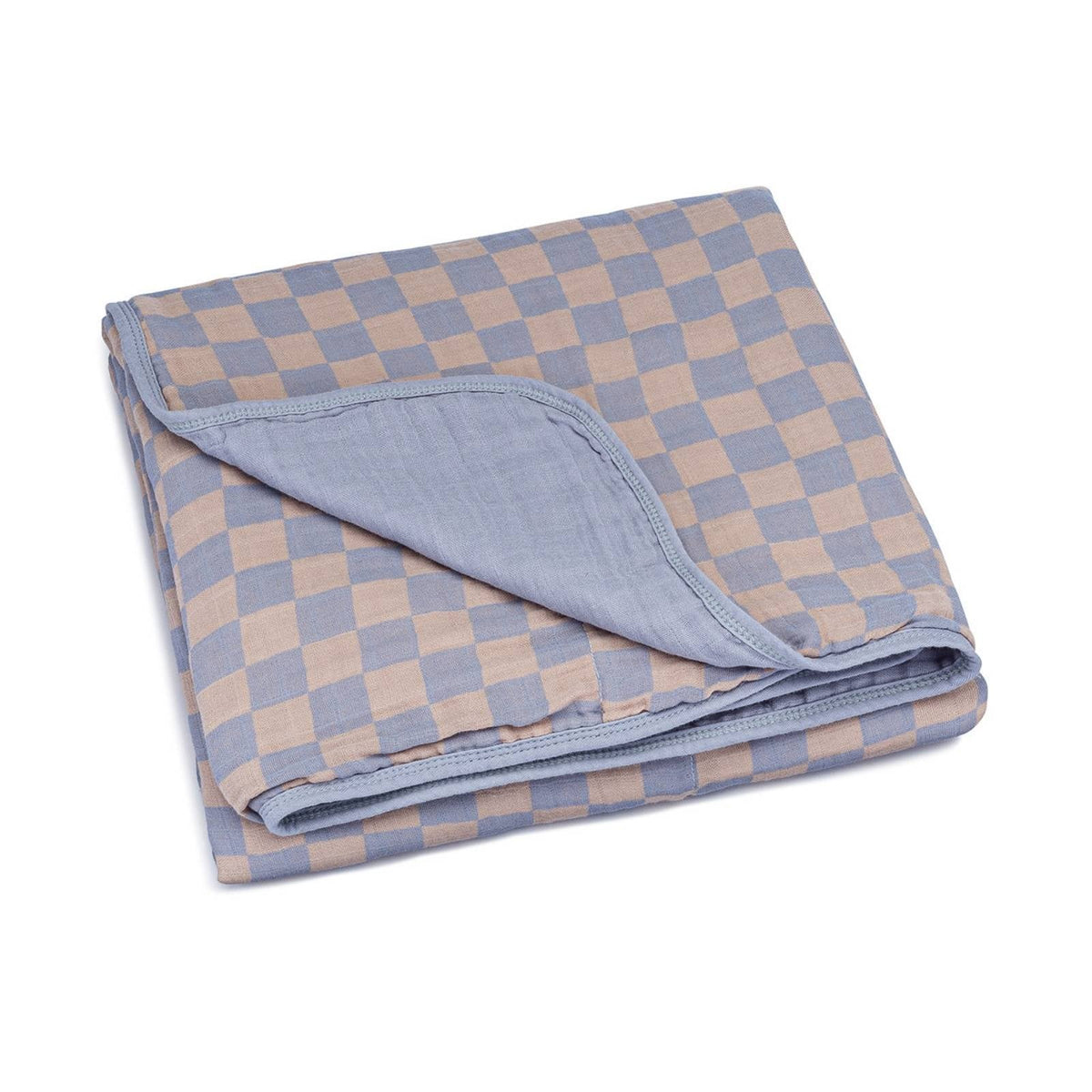 Folded blue-and-tan checker muslin quilt with rounded stitched edge