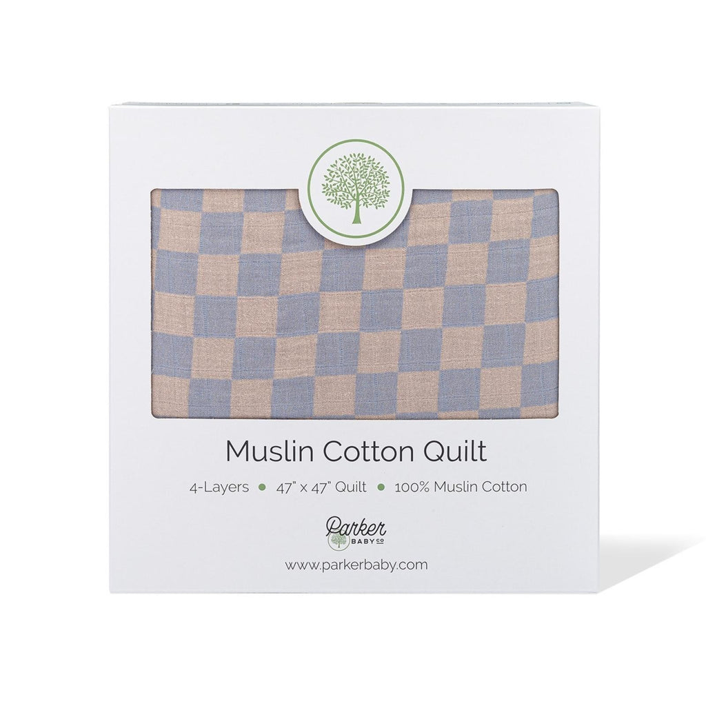Blue-and-tan checker muslin quilt in gift box with hanging tag