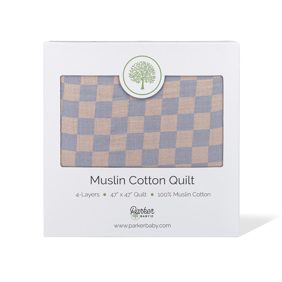 Blue-and-tan checker muslin quilt in gift box with hanging tag