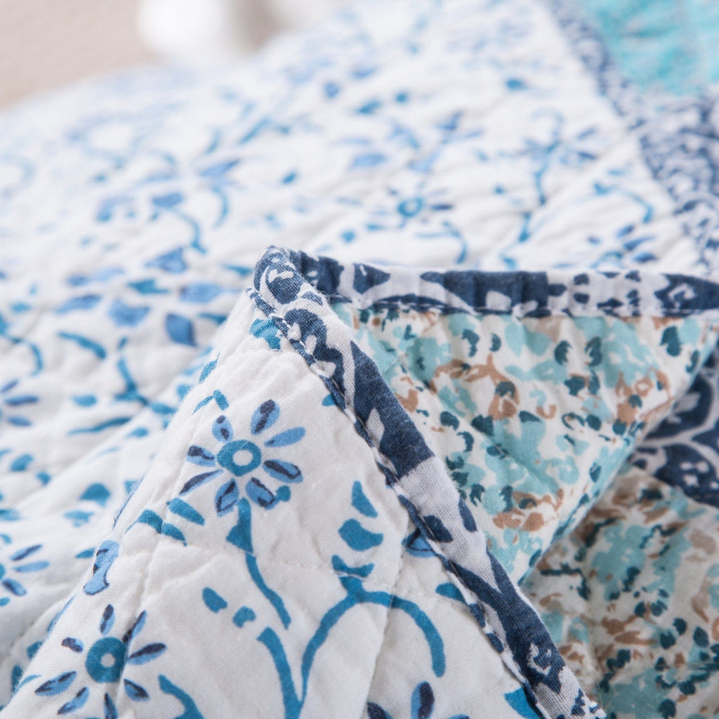 Blue and white floral quilt fabric close-up with stitched folds and border print