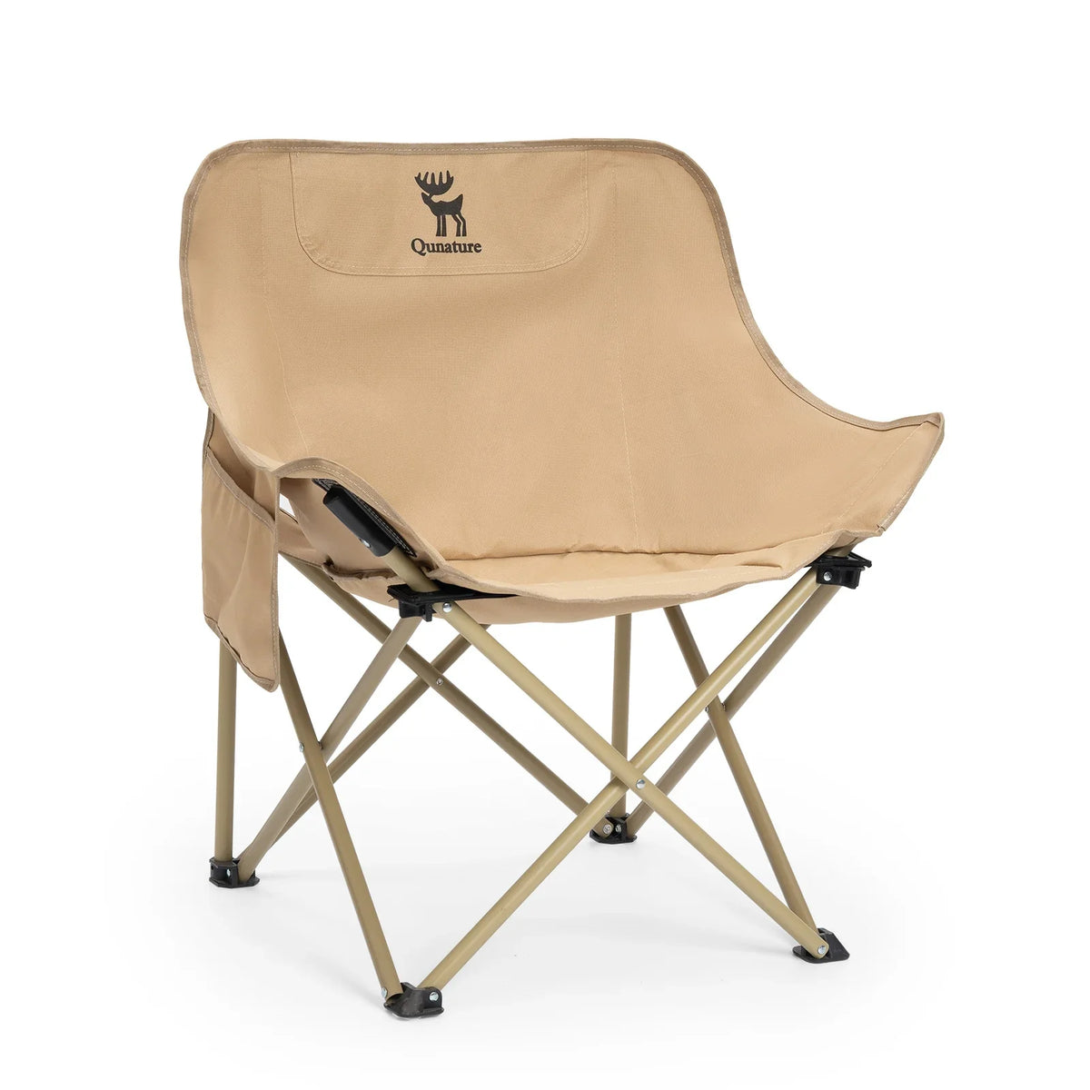 Khaki folding camping chair with fabric seat and Quanatune logo on backrest