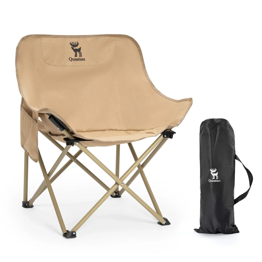 Khaki folding camping chair with carry bag and Quanatune logo on backrest