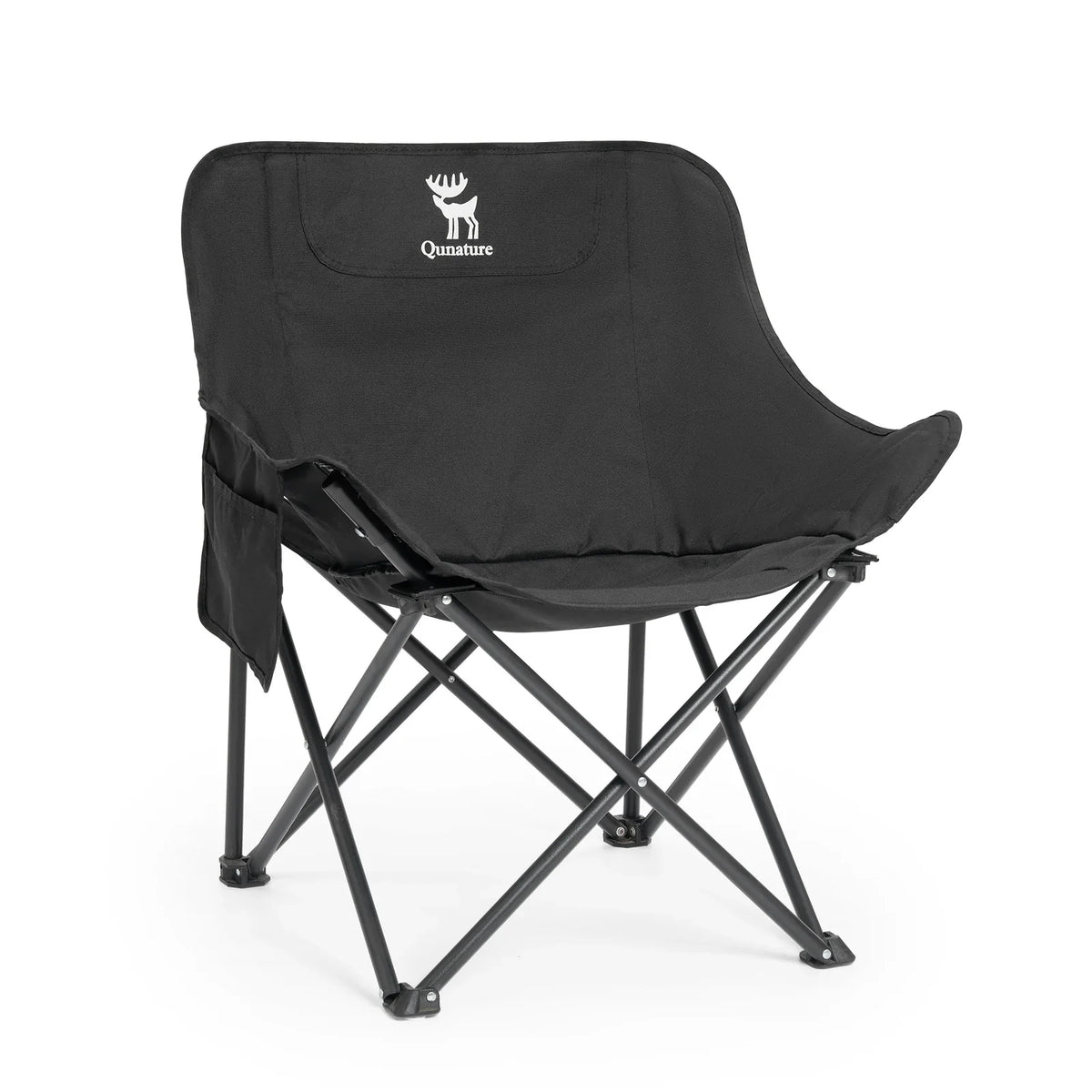 Black folding camping chair with padded fabric seat and Quanatune logo on backrest