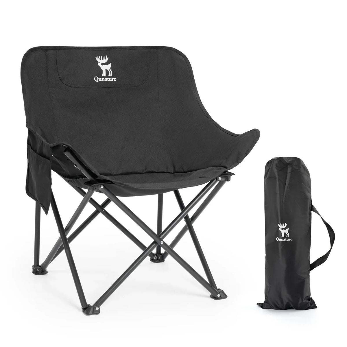 Black folding camping chair with carry bag and Quanatune logo on backrest