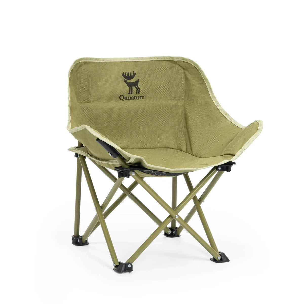 Green folding camping chair with fabric seat and Quanatune logo on backrest
