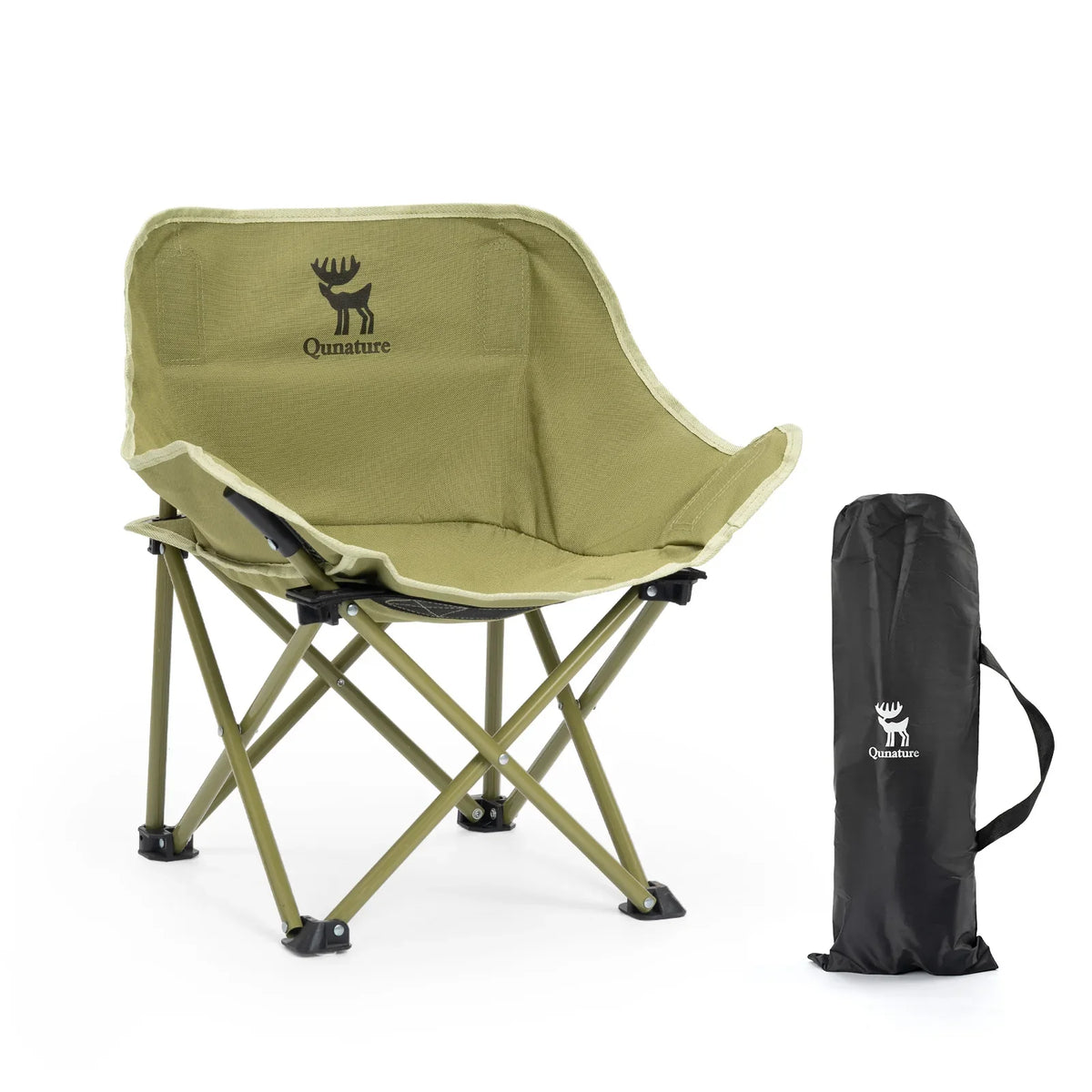 Green folding camping chair with carry bag and Quanatune logo on backrest