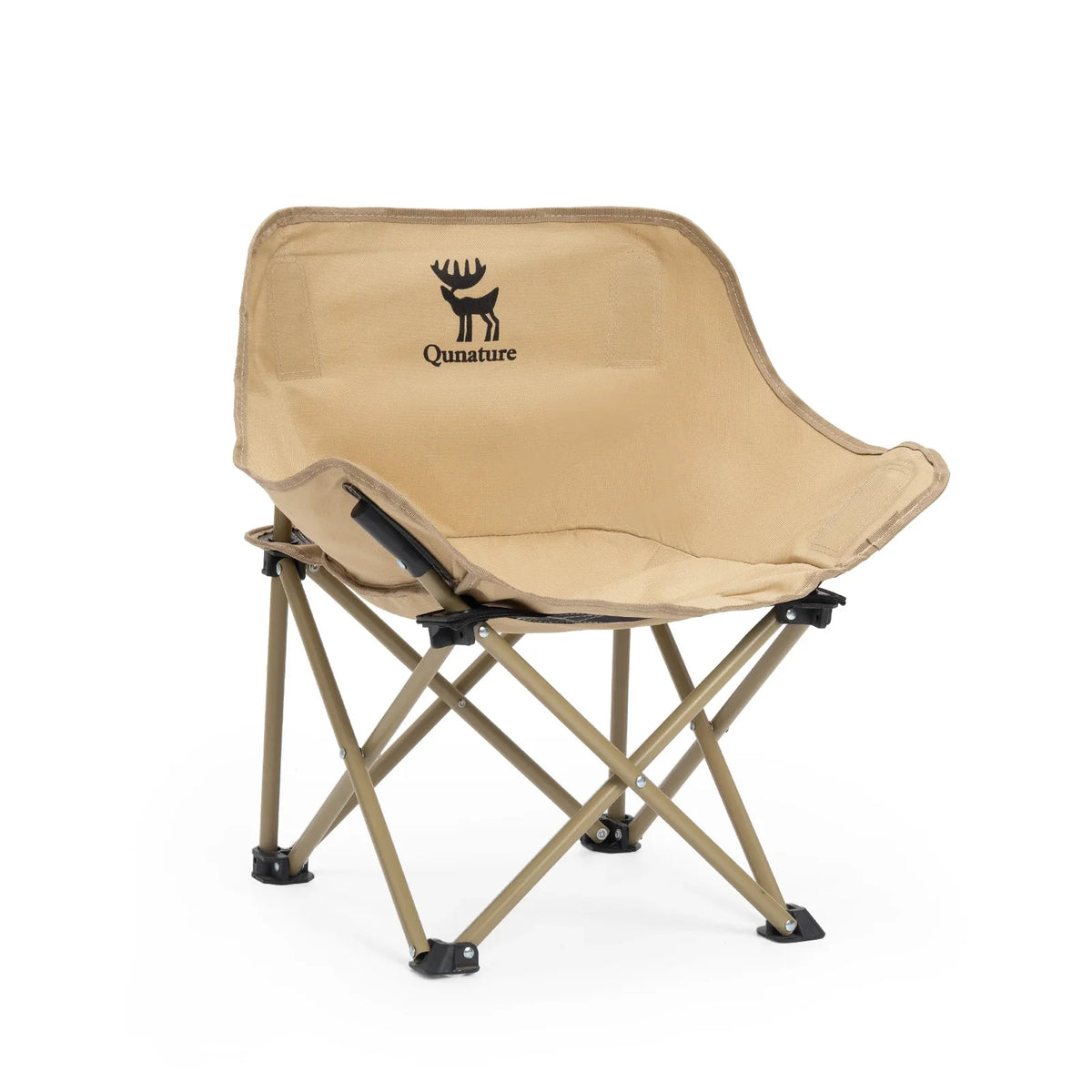 Beige folding camping chair with fabric seat and Quanatune logo on backrest