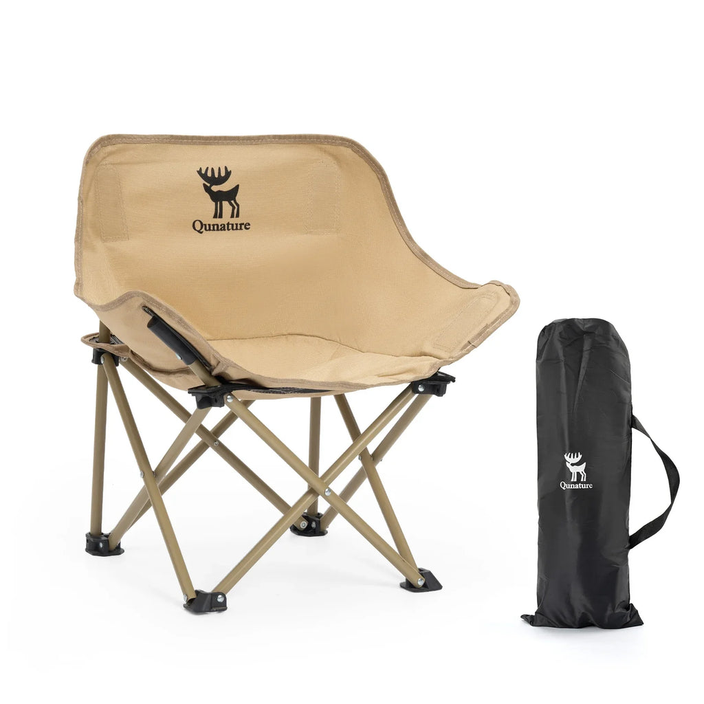 Beige folding camping chair with carry bag and Quanatune logo on backrest