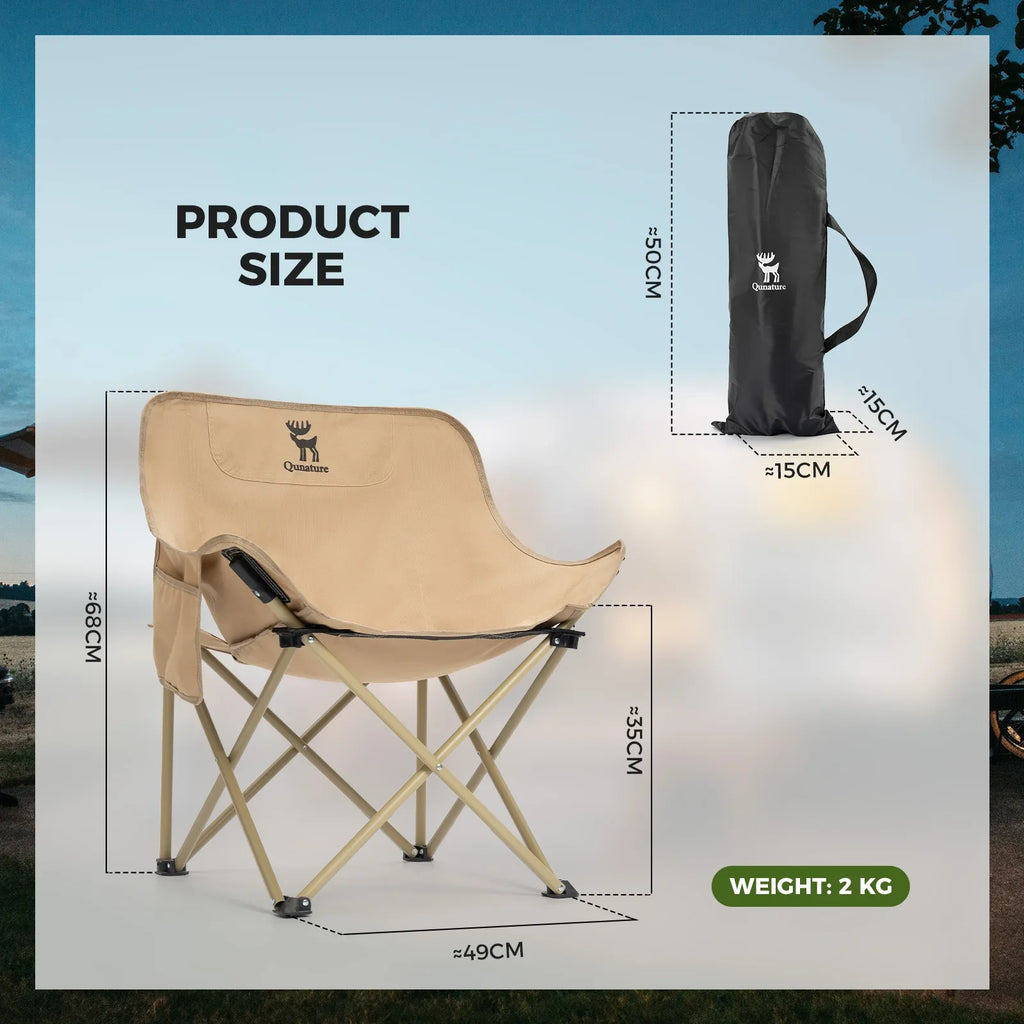 Beige folding camping chair with carry bag, shown with product size dimensions