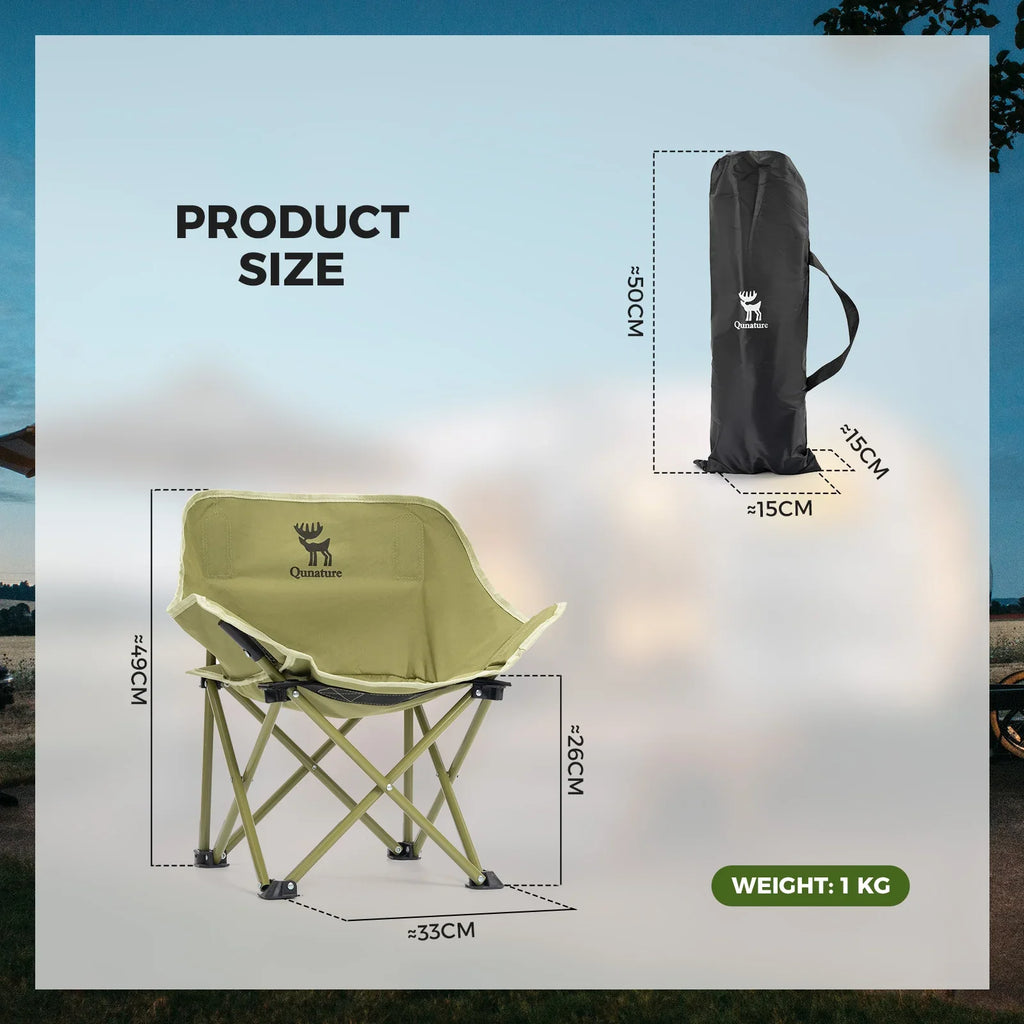 Khaki folding camping chair with padded seat and carry handle, carbon steel frame