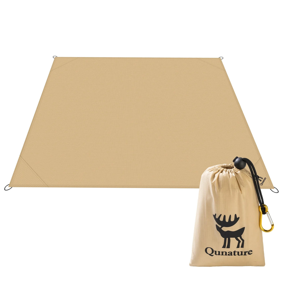 Khaki waterproof picnic mat with rope grommets and matching drawstring storage bag