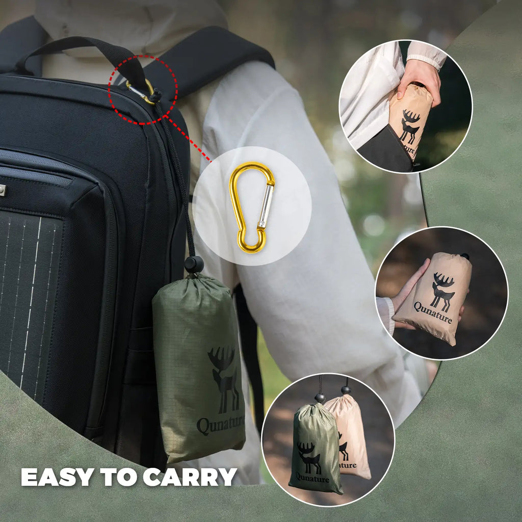 Drawstring storage pouch with carabiner for compact picnic mat carrying
