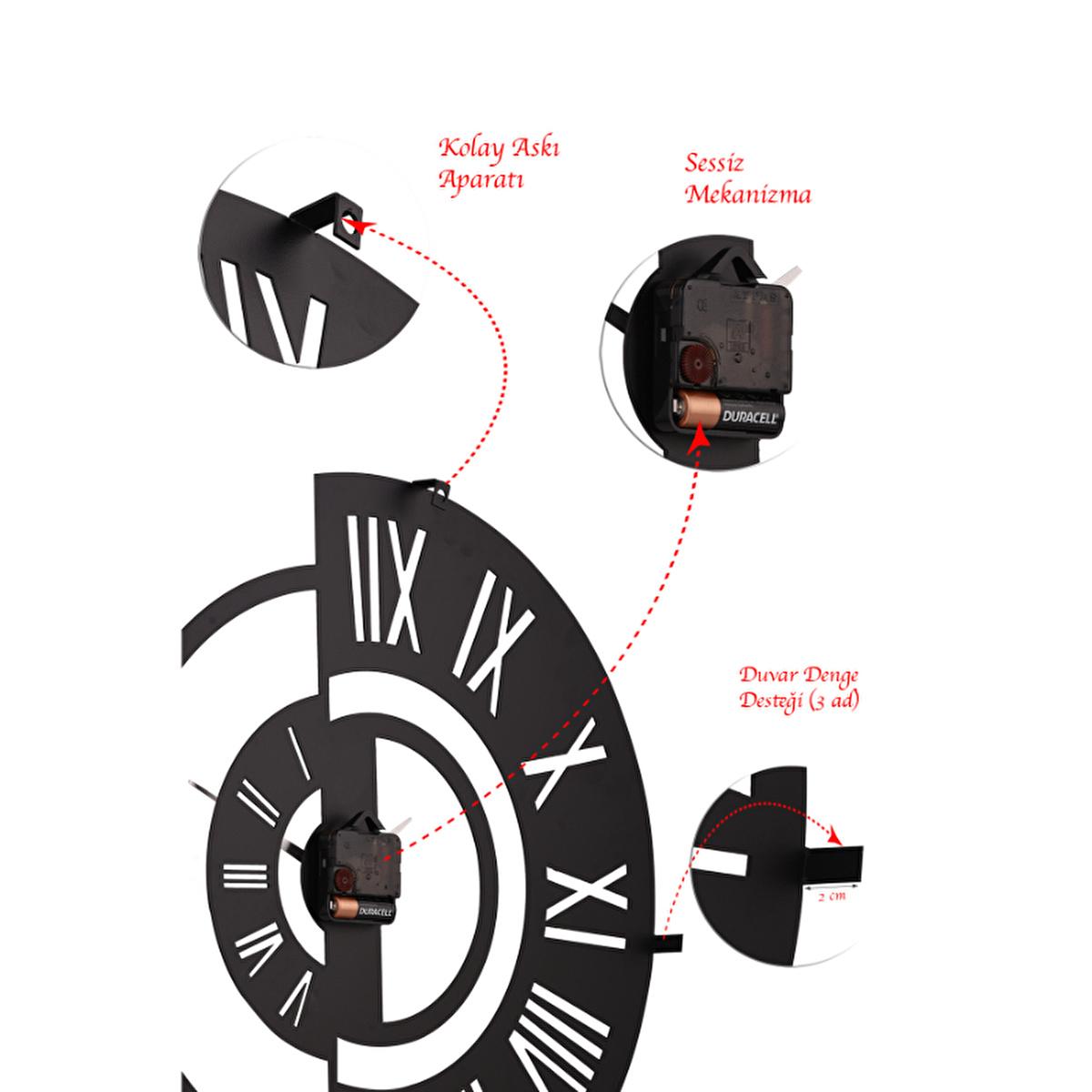 Black modern silent wall clock parts diagram with Roman numerals and gold-tone hands