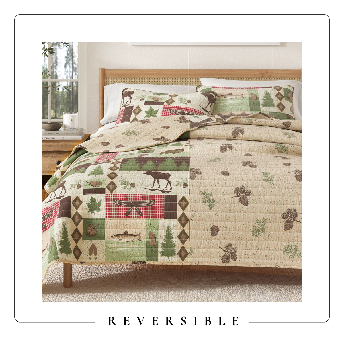 Reversible lodge quilt set showing animal, plaid, and patchwork blocks