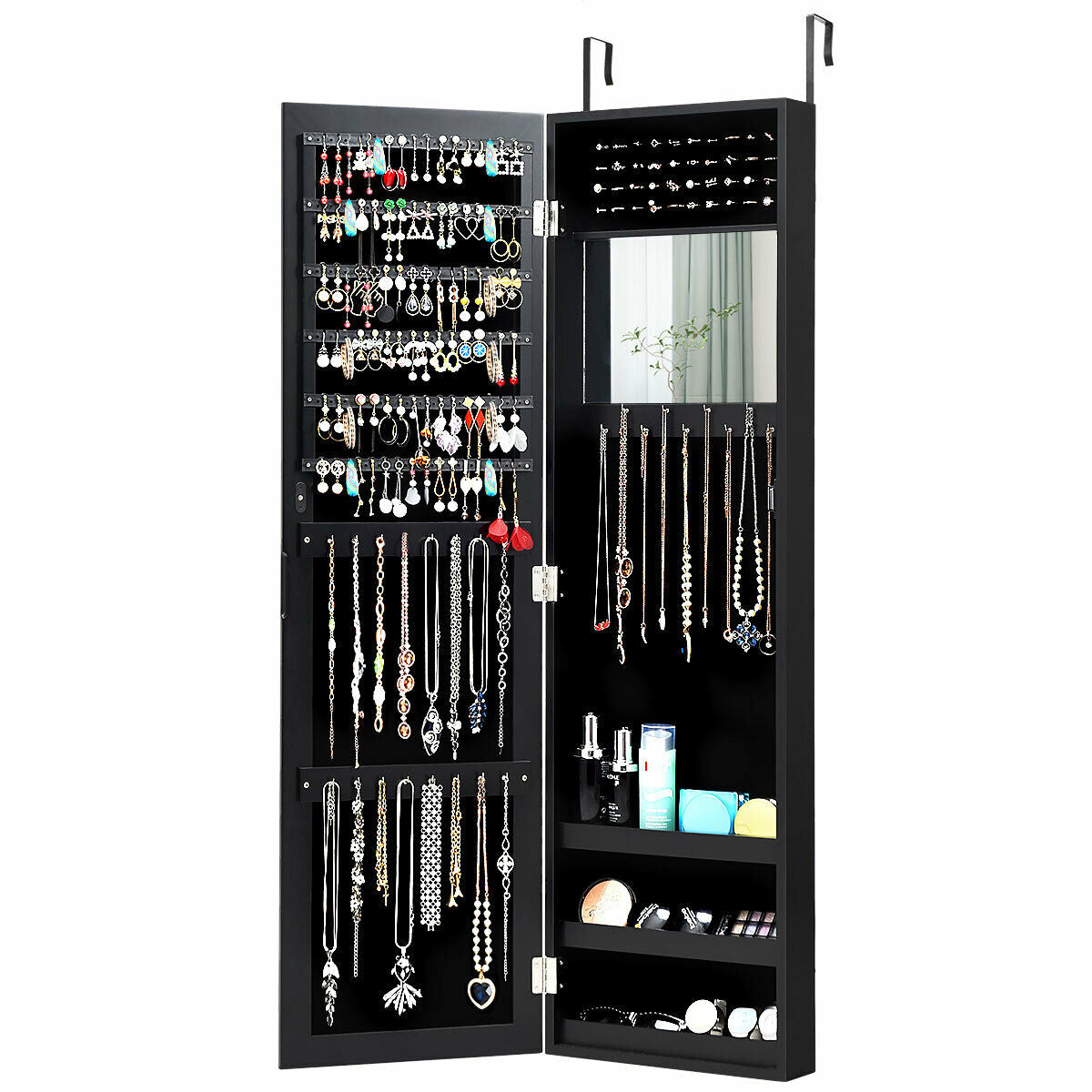 Full length mirror jewelry cabinet with open door, necklace hooks, and bottom storage shelves