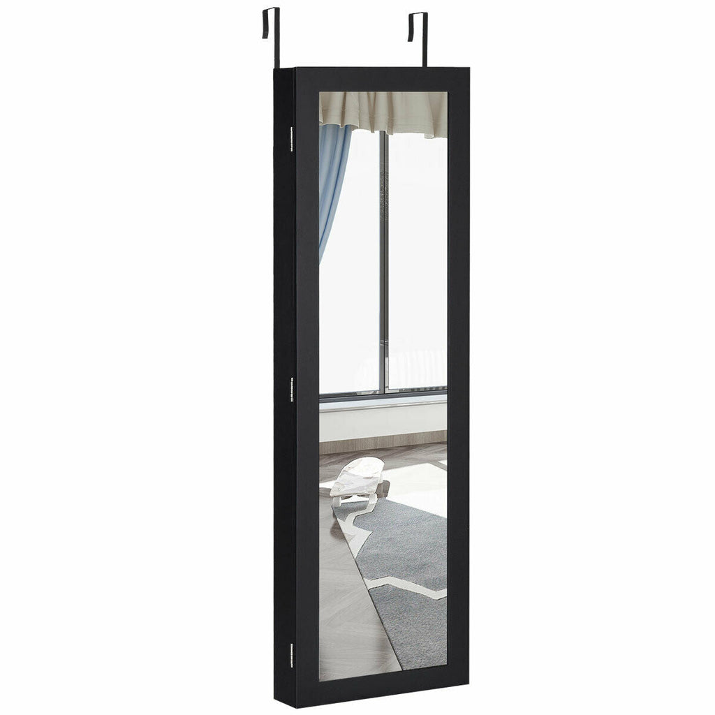 Full length mirror jewelry cabinet with black frame and long mirrored panel