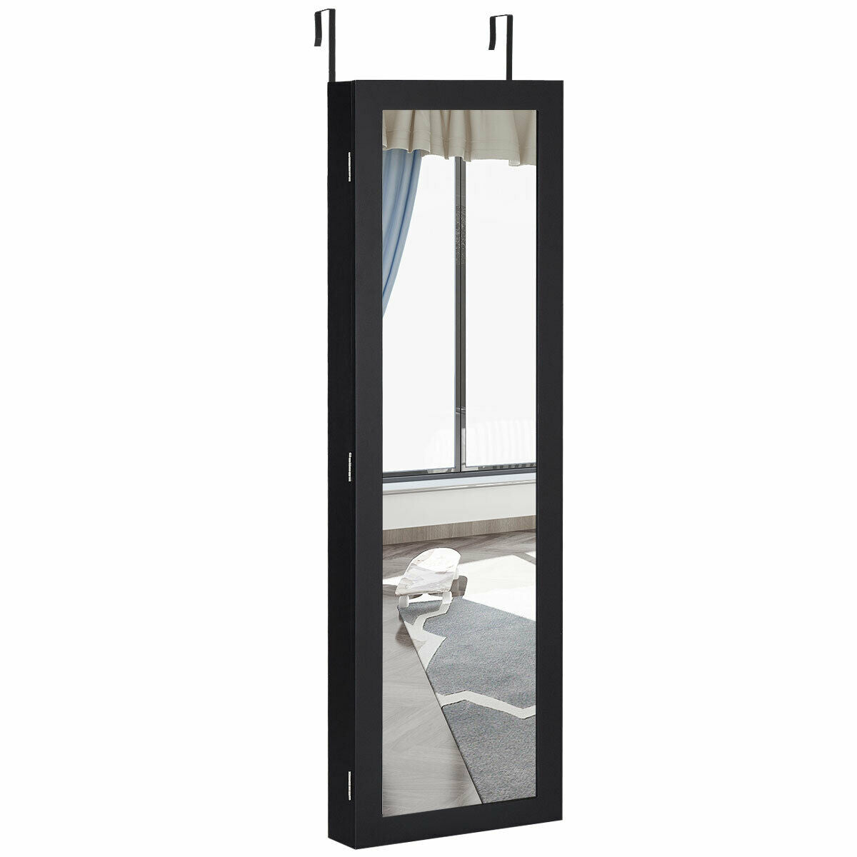 Full length mirror jewelry cabinet with black frame and long mirrored panel