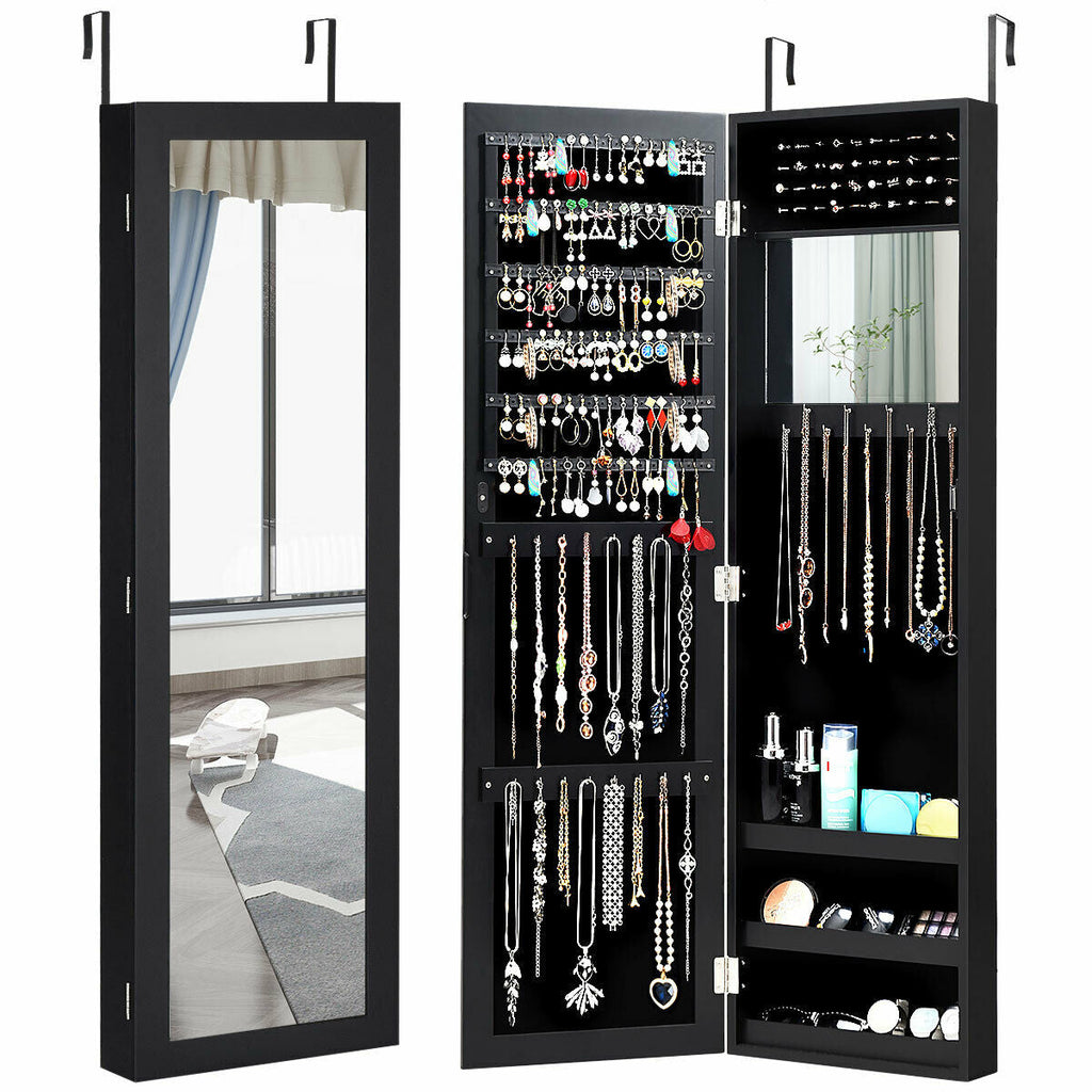 Full length jewelry cabinet with mirror and necklace hook panels, open shelving and ring slots