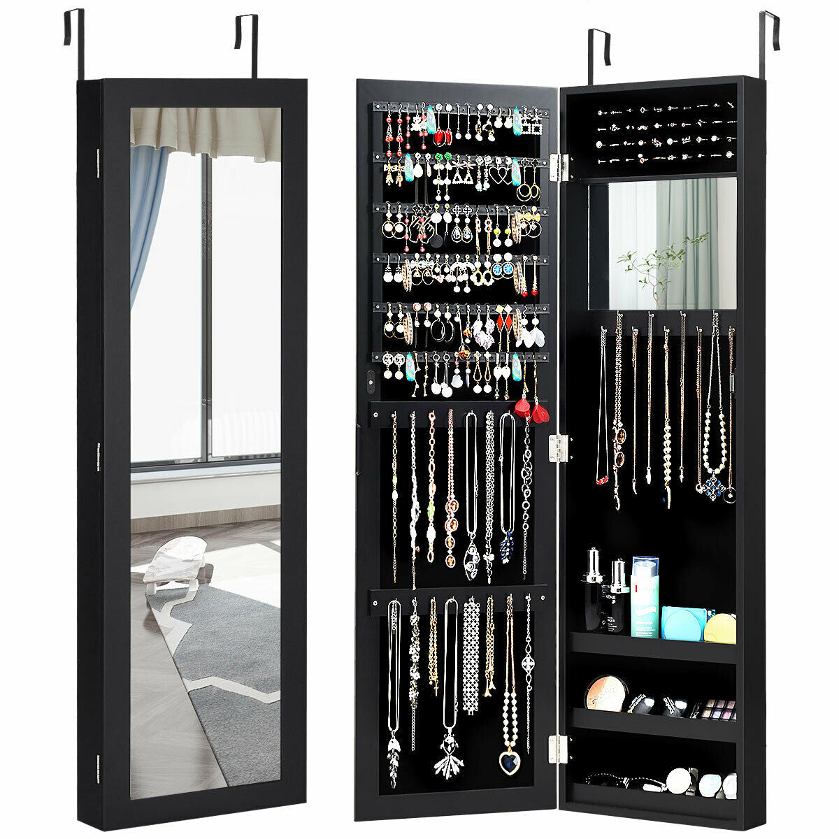 Full length jewelry cabinet with mirror and necklace hook panels, open shelving and ring slots